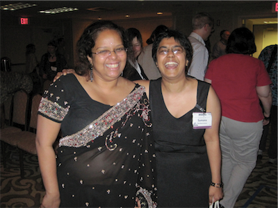 Mary Anne Mohanraj and me at a past WisCon, photo by E. J. Fischer